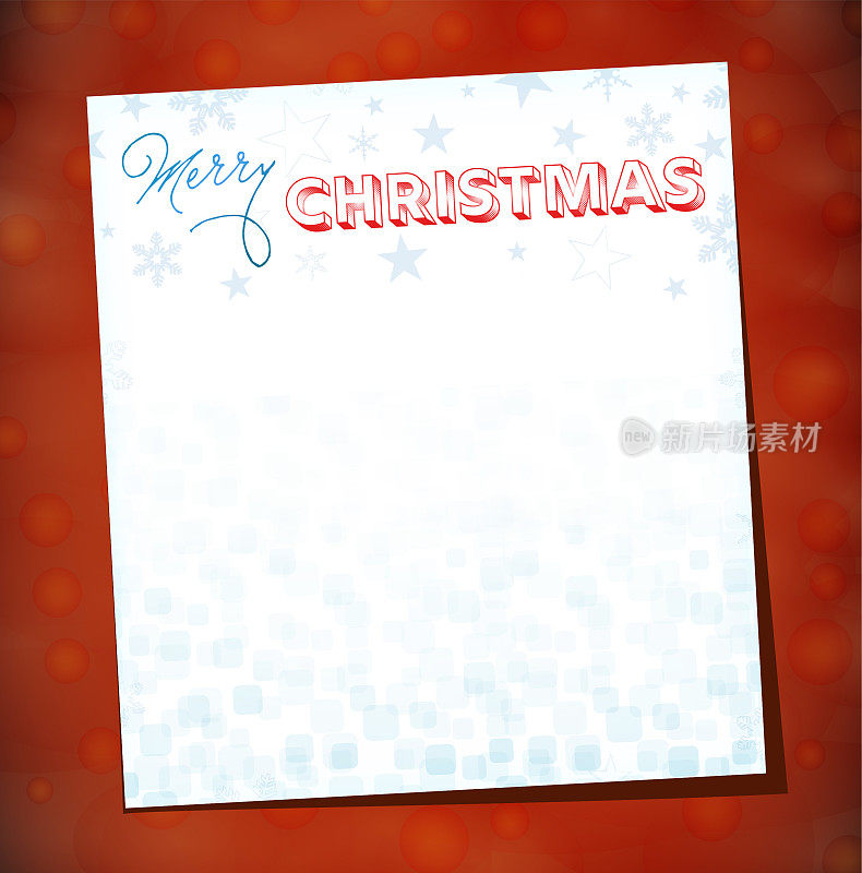 白色的纸与雪花和模糊抽象的设计与蓝色和红色的文本信息圣诞快乐贺卡在明亮的充满活力的红色垂直矢量背景