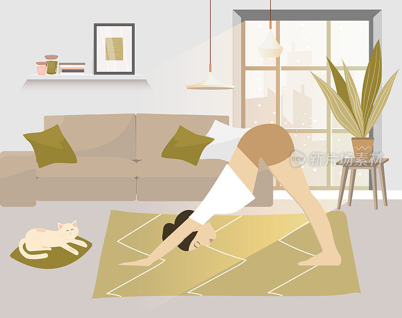 呆在家里的概念。女孩练习瑜伽，冥想。女人在舒适的现代室内做运动。