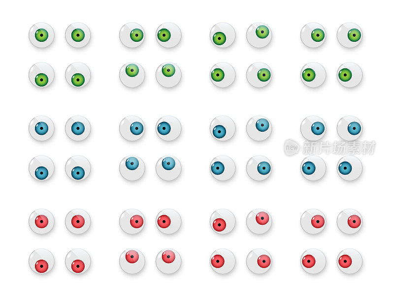 玩具眼睛设置矢量插图。摇摇晃晃的塑料打开绿色，蓝色和红色的眼球娃娃向上，向下，左，右，疯狂的圆形部分与黑色瞳孔集合孤立在白色背景上