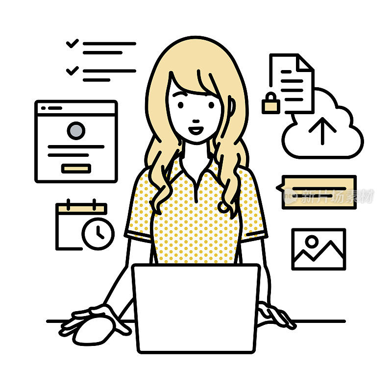 一个穿着马球衫的女人用笔记本电脑浏览网站，研究，在云上共享文件，安排日程，管理项目，组织任务，和她的办公桌上的团队沟通