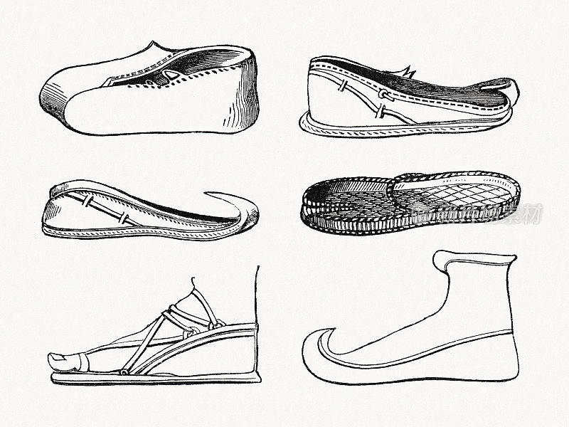 古时候的鞋和凉鞋，木刻，1862年出版