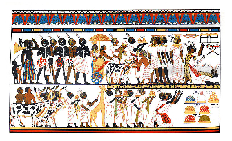 古埃及插图。埃及的神。埃及文明中的国王或法老神。在宫殿。历史性的壁画。古董画。