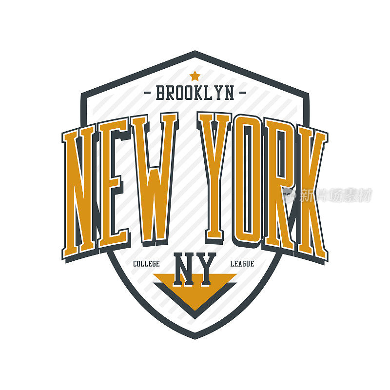 纽约布鲁克林的t恤，上面有盾。大学联盟t恤印花。运动服装设计。向量