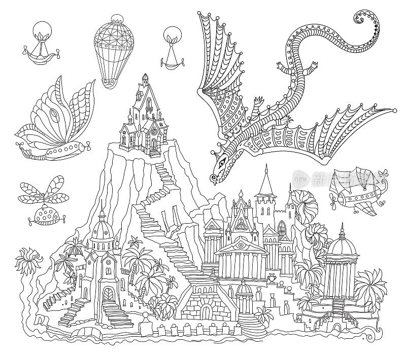山上的童话城堡，棕榈树，河岸。飞龙、气球和飞艇。成人和儿童涂色书页