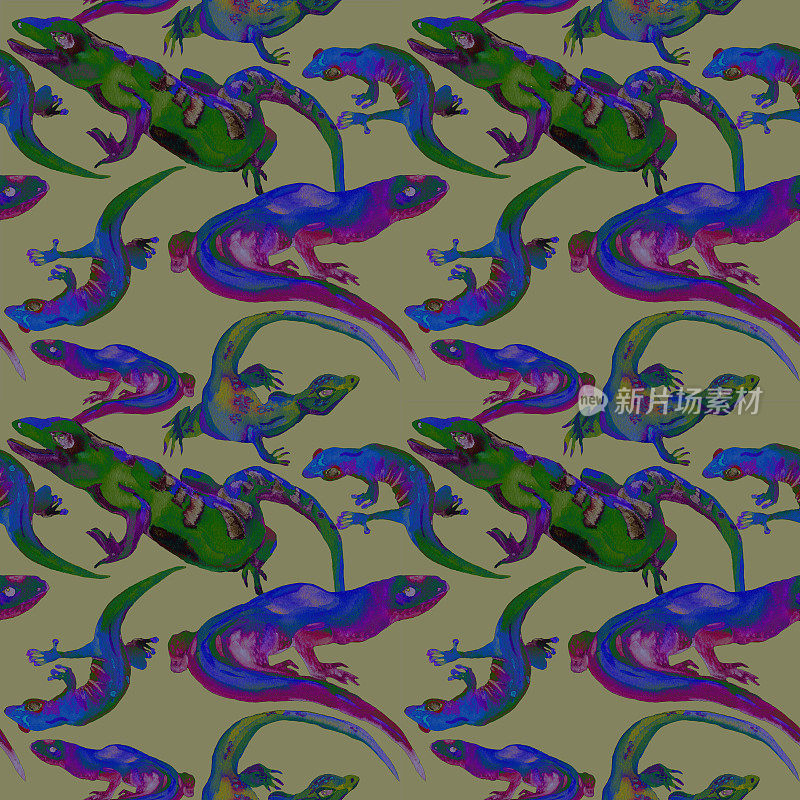 手绘霓虹色蜥蜴无缝图案。迷幻插图的爬行动物有毒的颜色在蓝色的背景。