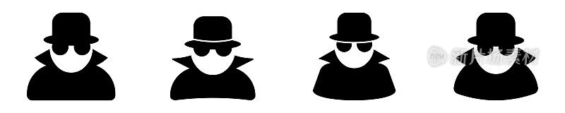 矢量图标集间谍，特工，侦探，黑客，黑手党，检查员。戴着眼镜和帽子的匿名暴徒。