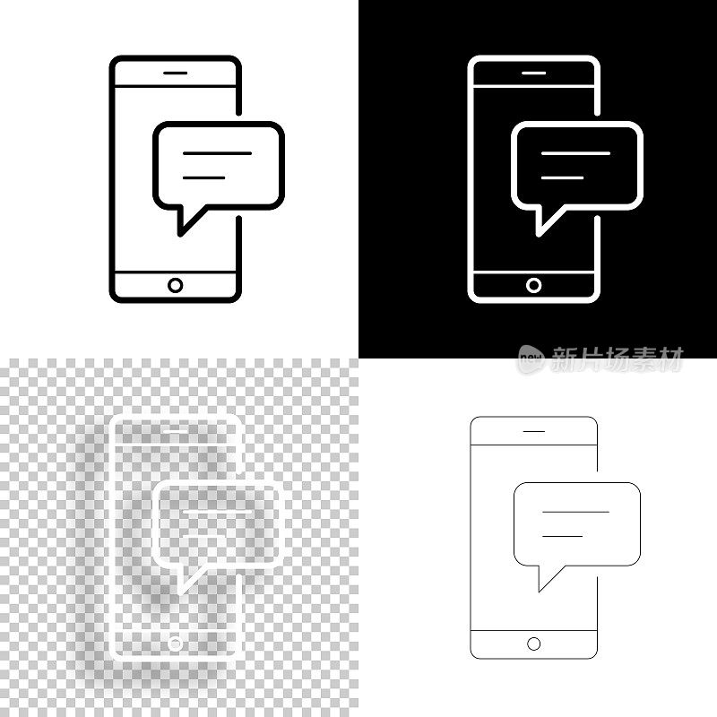 带有语音泡泡的智能手机。图标设计。空白，白色和黑色背景-线图标