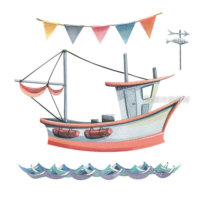 以海钓为主题的水彩插画。船，帆，桅杆，浪，水，旗。