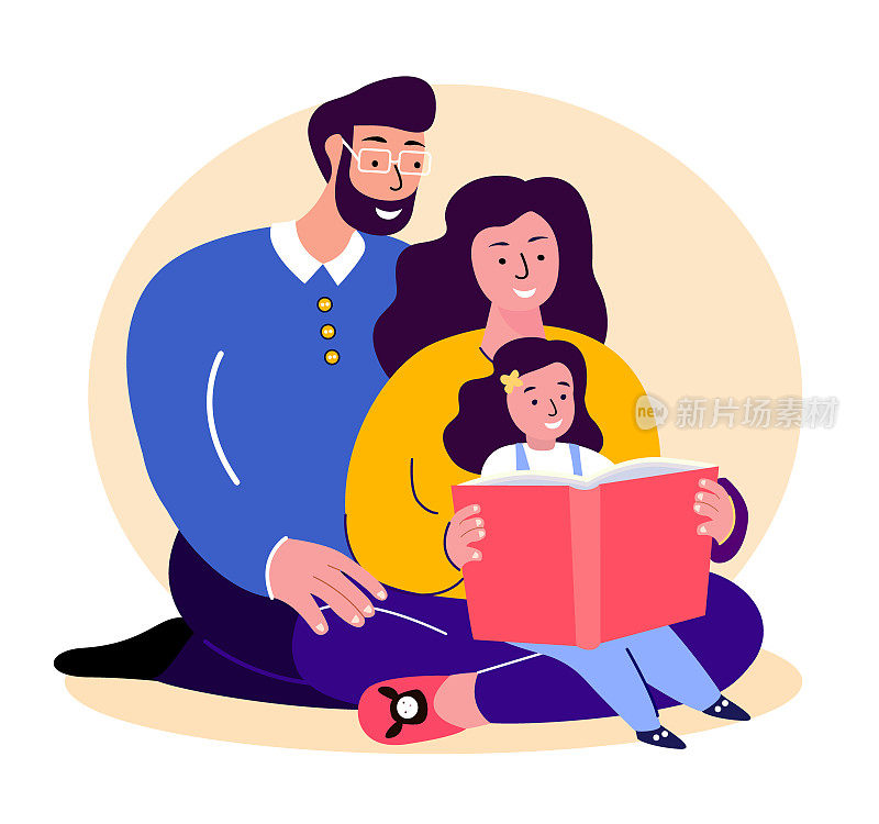 微笑快乐的家庭。爸爸、妈妈和女儿一起读书。年轻人的父母。宝贝，女孩，爸爸，男人，女人，小孩小孩。孩子，慈爱的妈妈和爸爸。亲戚的乐趣。平面向量插图