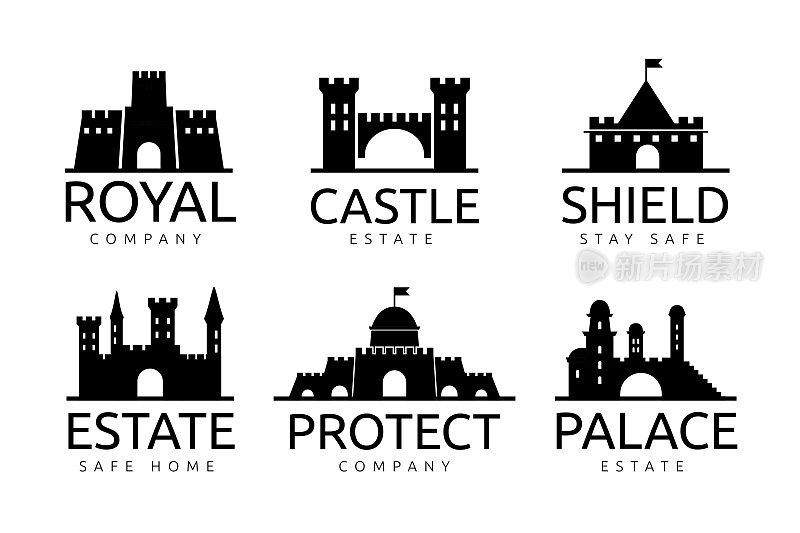 城堡图标。堡的标志。大本营轮廓。古老的建筑。概述堡垒。古老的童话城堡建筑。公司品牌的象征。宫的象征。矢量卡通标志集
