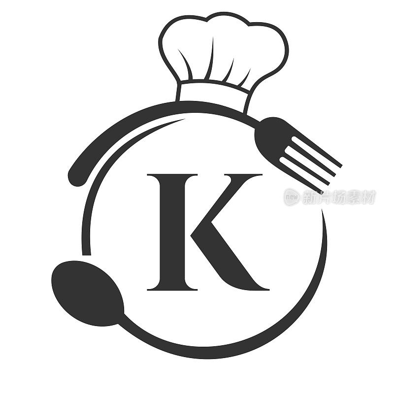 咖啡馆标志，餐厅标志在字母k厨师帽子，勺子和叉子餐厅符号向量模板