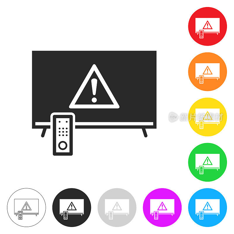 带有危险警告注意的电视。彩色按钮上的图标