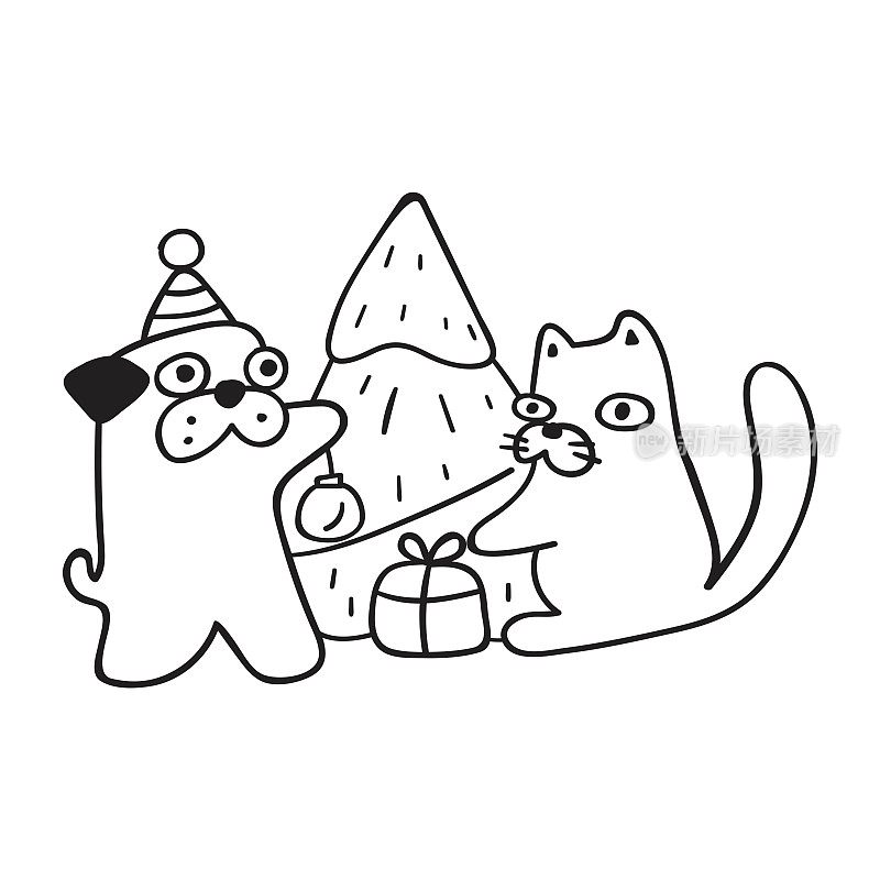 猫和狗装饰圣诞树。