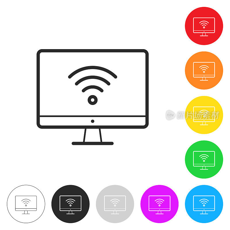 带wifi的台式电脑。彩色按钮上的图标