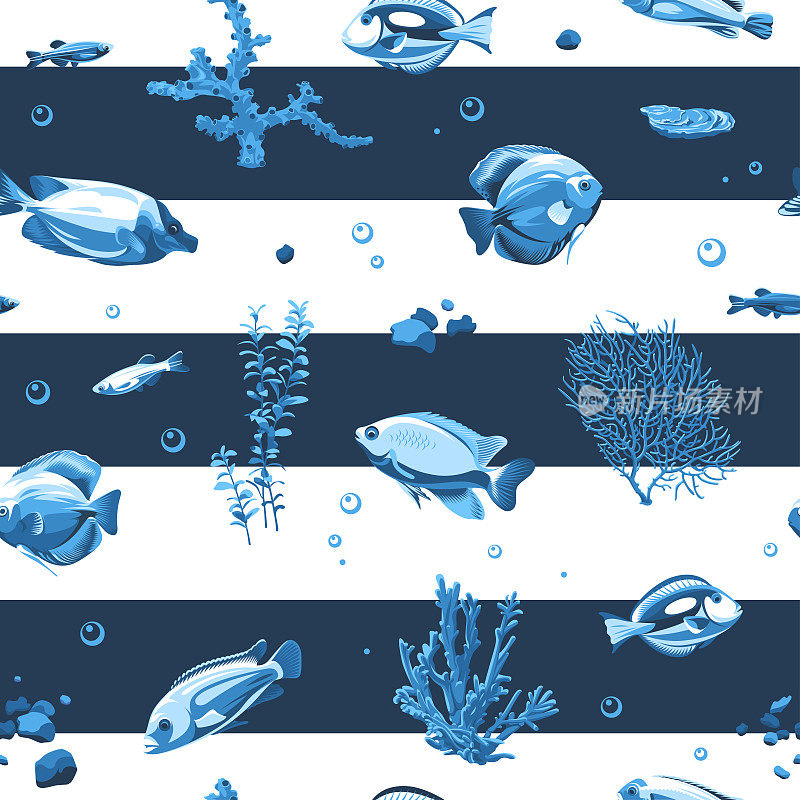 无缝图案与鱼和海景孤立在白色和蓝色条纹的背景。