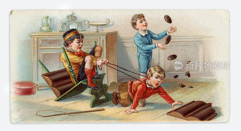 一群在室内玩耍的孩子，新艺术插画1899