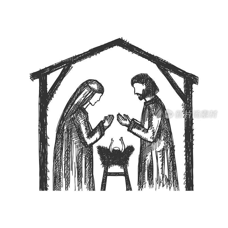 一幅耶稣诞生的图画。约瑟夫，玛丽和小耶稣在一个马厩，一个山洞里。