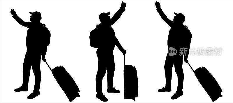拿着手机的游客。一个戴着帽子的年轻人，背着一个背包和一个带轮子的行李箱。有问题。游客自拍。三个男人的黑色剪影被孤立在白色上