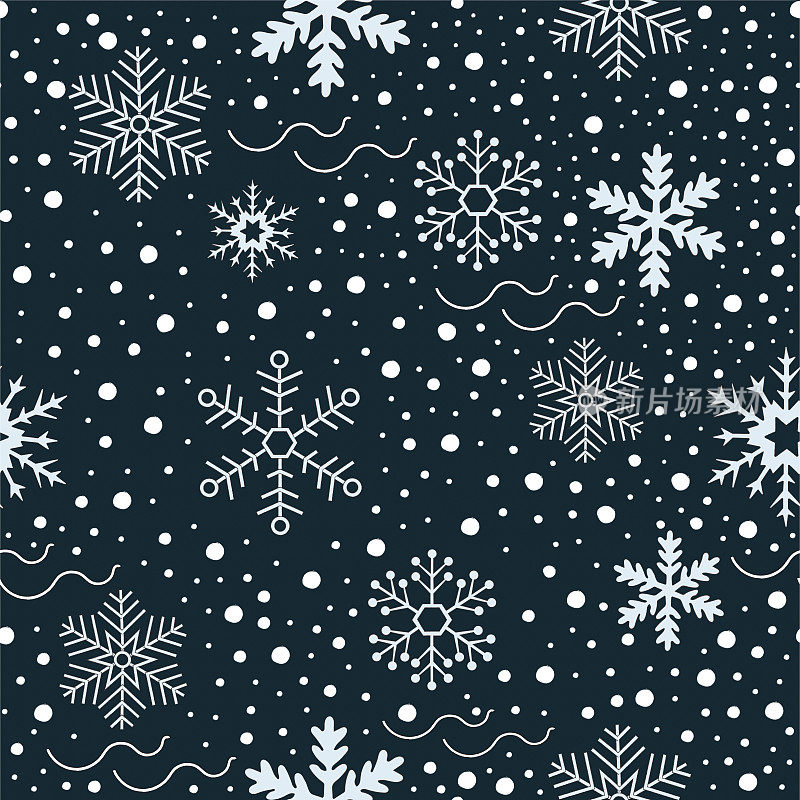 无缝图案的白色雪花，黑色的雪花背景。无缝壁纸。平面向量插图。