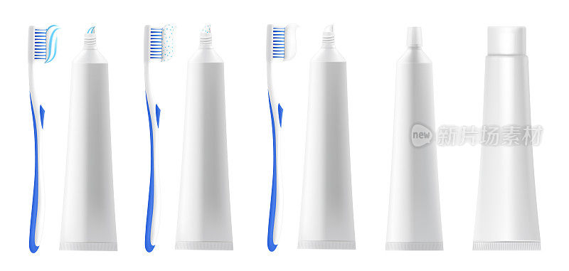 牙刷，牙膏管孤立在白色背景。模板模型。牙齿清洁工具。口腔护理及卫生用品。逼真的3d矢量插图。