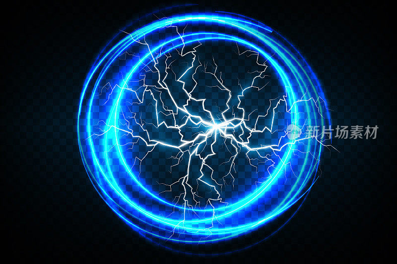 球闪电在一个透明的深蓝色背景。矢量插图，抽象的闪电击中深蓝色的天空。闪电，雷声，火花。
