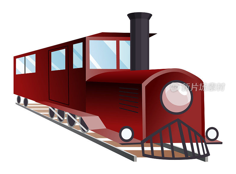 火车引擎平面卡通。古老的蒸汽机车。铁路旅客列车或车厢火车运输铁路，马车运输机车，马车运输旅客