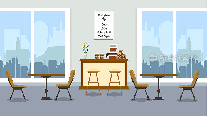 空咖啡馆室内设计矢量插图。咖啡店里空荡荡的桌椅。咖啡厅或餐厅的室内设计，咖啡厅或餐厅的室内设计，咖啡厅，吧台和窗户。