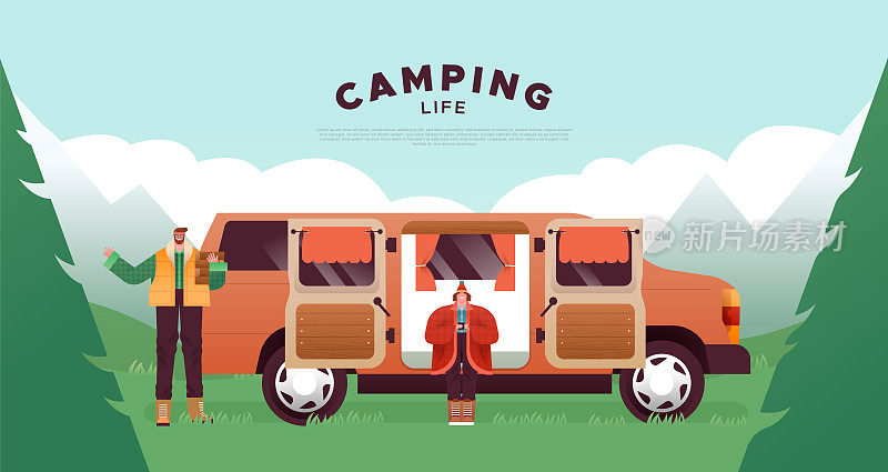 露营生活方式模板夫妻在家庭货车