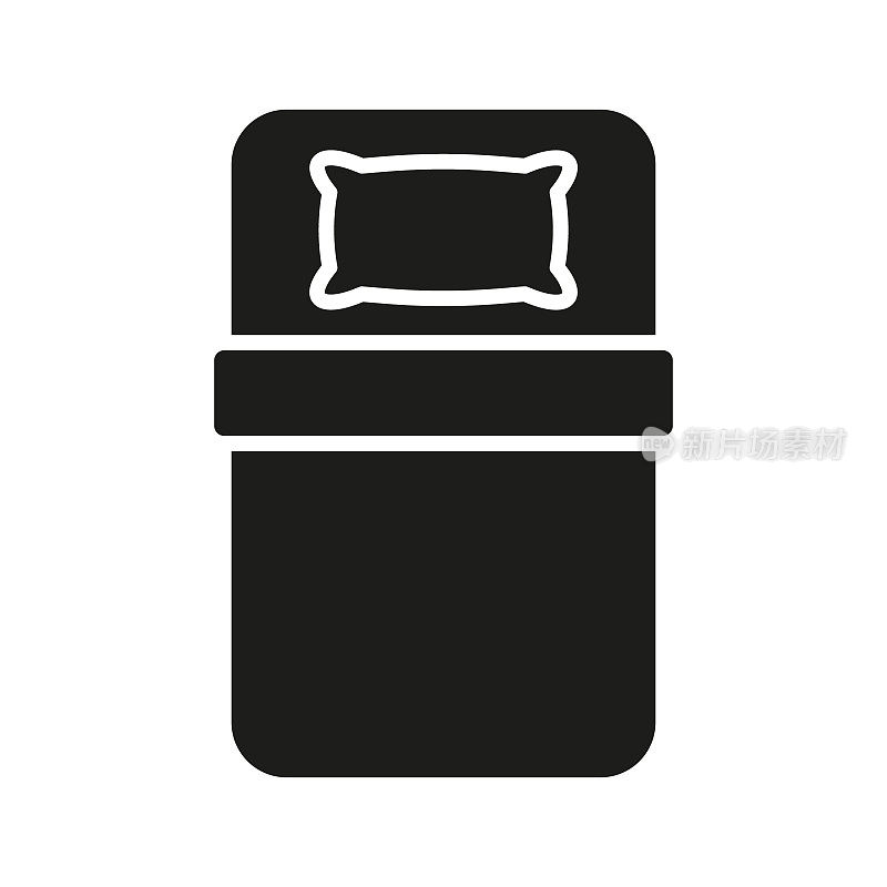 单人床在酒店房间剪影图标。单人床垫带枕头，卧室用象形文字。家庭、医院、汽车旅馆的家具。孤立矢量图