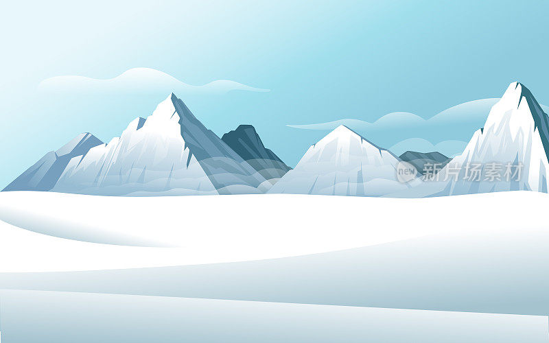 水平冬季山地景观与晴空山覆盖雪矢量插画