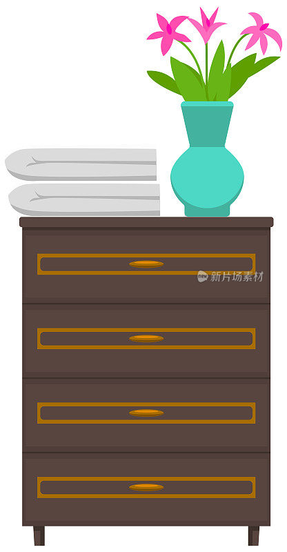 木制便盆，床头柜。花瓶里的花，五斗橱上的毛巾，家用家具