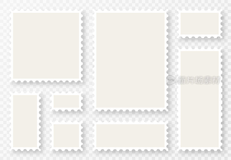 棱角粗糙的邮票。透明背景上的老式邮票模型。不同形状的空白复古邮票