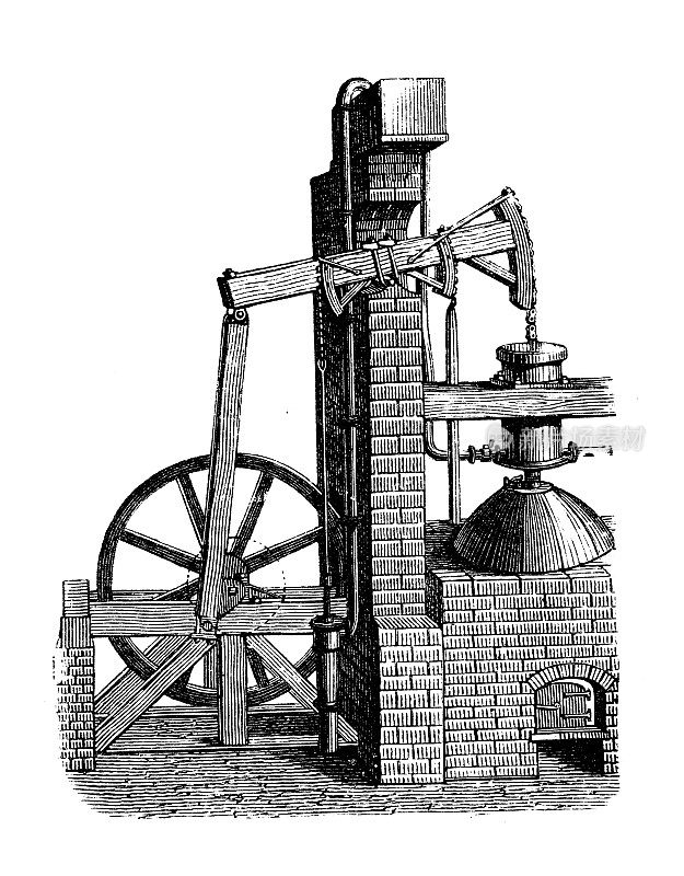 古董插画，应用力学:蒸汽动力机器，纽科门