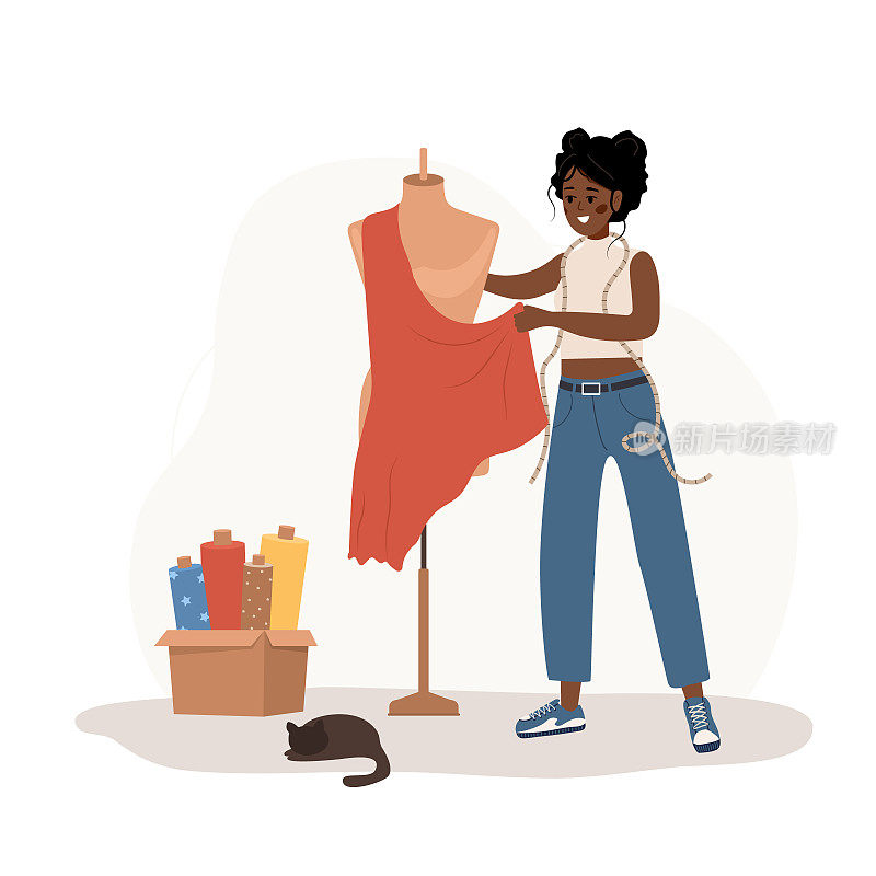非洲女裁缝在人体模型上测量。年轻的女裁缝在工作室制作衣服。服装设计师或裁缝平面卡通风格的矢量插图。爱好的概念