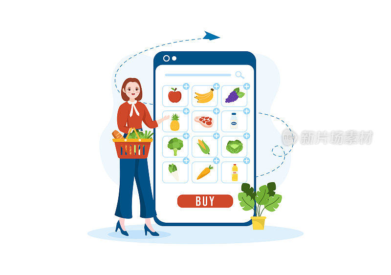 网上杂货店或超市通过App在平面卡通手绘模板插图订购日用品或食品