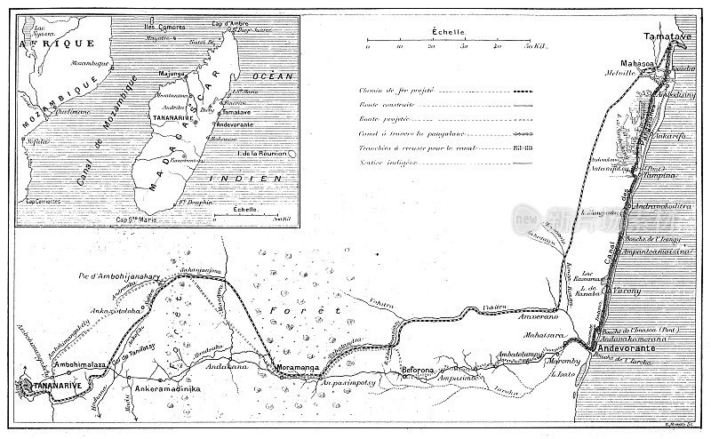 古色古香的图片:从塔那那利佛到马达加斯加的托阿马西纳(Tamatave)的铁路地图