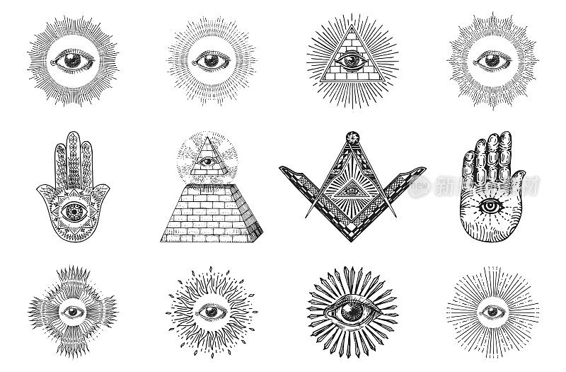 共济会符号，雕刻风格的矢量插图，所有看到的眼睛，正方形和罗盘，金字塔。手掌上有哈姆萨和上帝之眼，复古草图