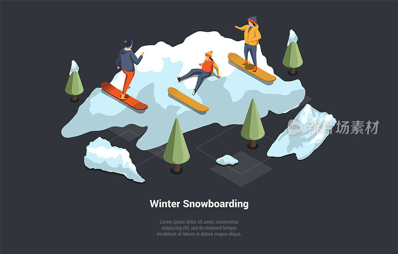 寒假，家庭圣诞假期。男女角色滑雪下山。滑雪板比赛或专业课程与沙发在山上。等距三维矢量插图