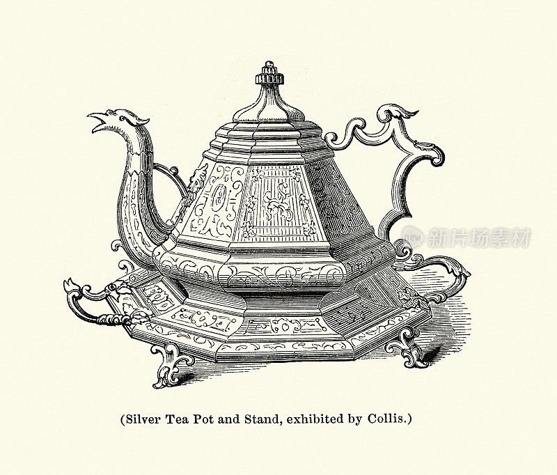 华丽的银色茶壶和科利斯站，维多利亚银器，19世纪，19世纪