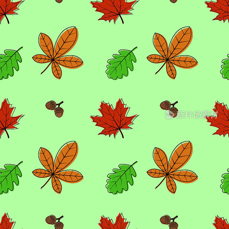 矢量无缝图案与秋季元素:橡子，各种树叶，秋季花卉元素。明亮，重复的质感适合秋季。它用于包装纸、包装、墙纸、书籍。