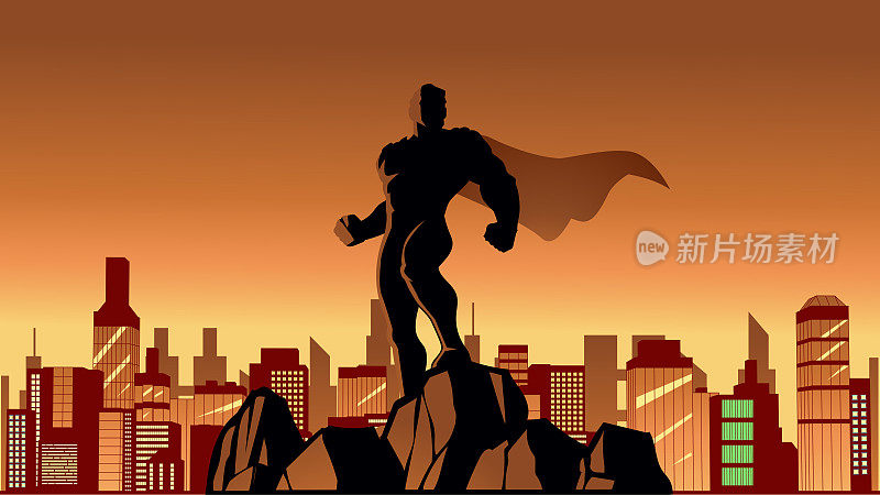 矢量史诗超级英雄剪影姿势在城市股票插图