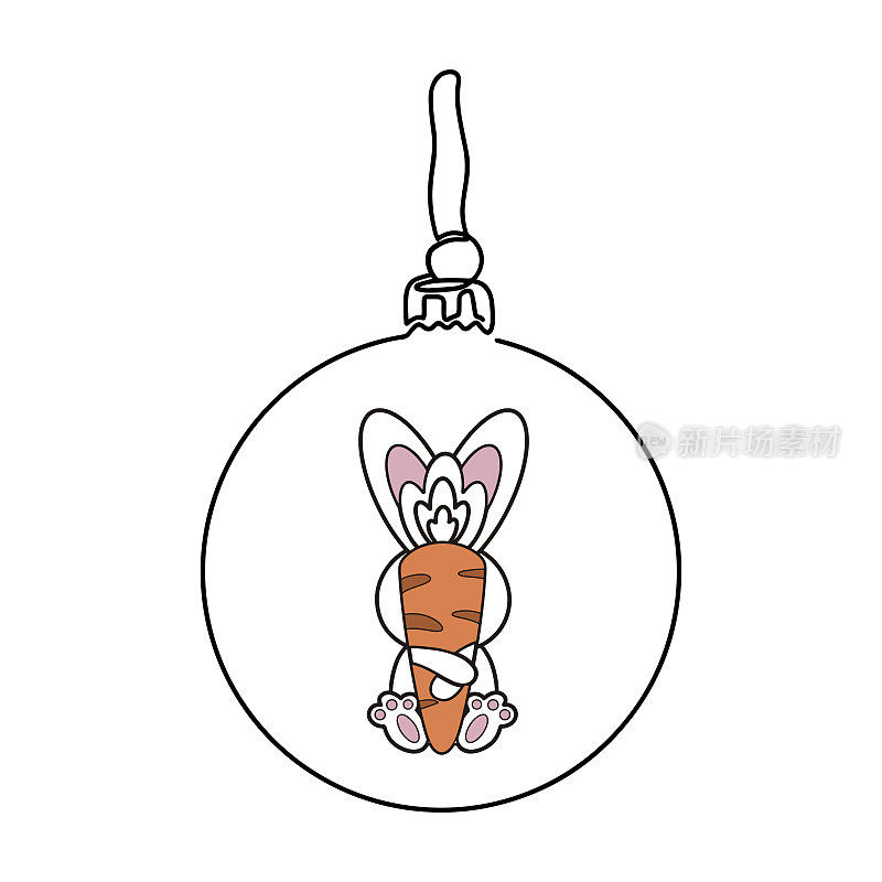 一个有可爱兔子的圣诞树球。圣诞树的装饰以白色为背景。象征着新年的快乐，庆祝圣诞节的节日，冬天。