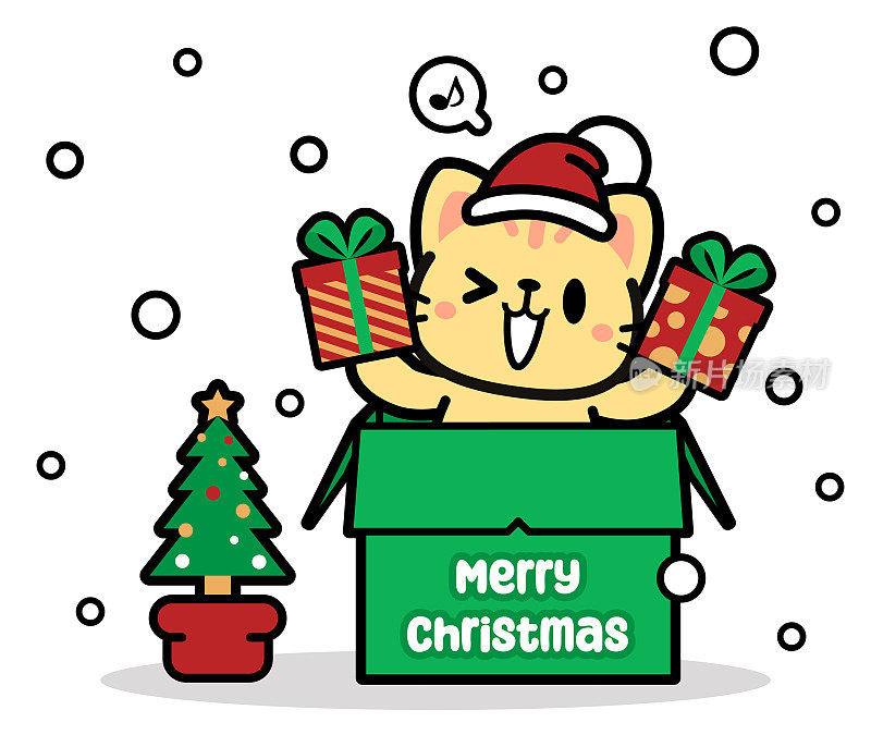 一只可爱的猫戴着圣诞帽在盒子里展示圣诞礼物