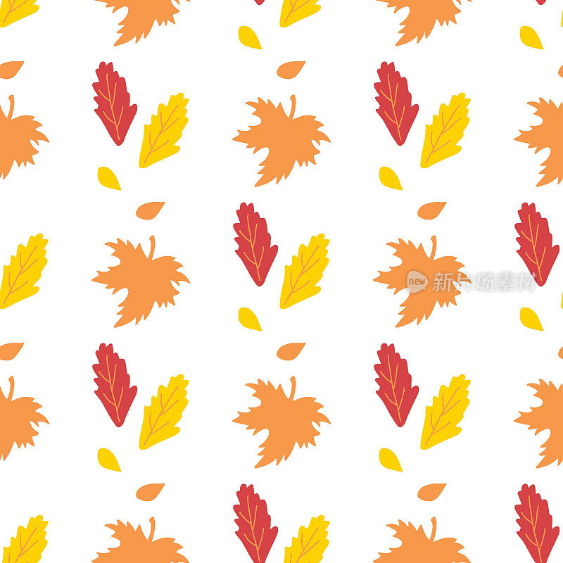 秋日矢量秋日天衣无缝。黄色、橙色和红色的叶子。可爱的手绘收获季节农家乐插图在白色背景