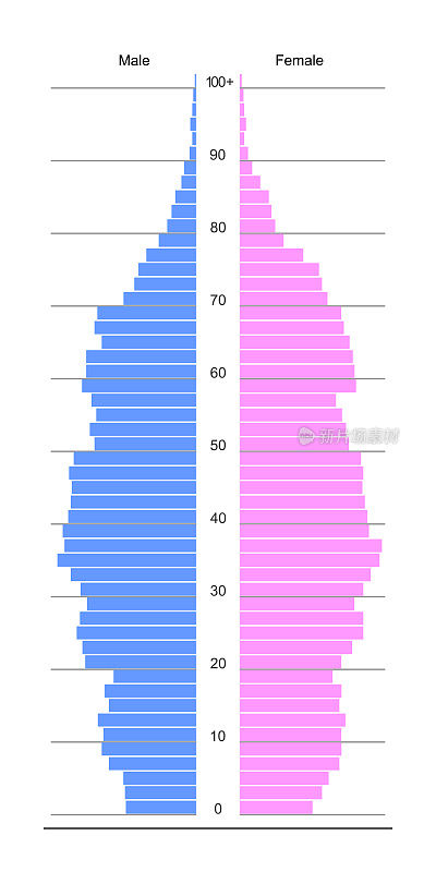人口金字塔模板。年龄结构图孤立在白色背景上。按年龄从0岁到100岁的男性和女性划分的人口分布示例