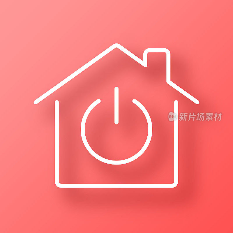 智能家居-带有电源按钮的房子。图标在红色背景与阴影
