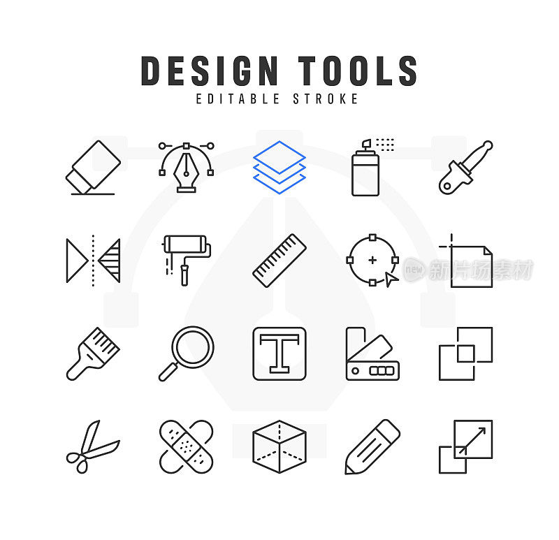 设计工具行图标集。可编辑的中风。像素完美。