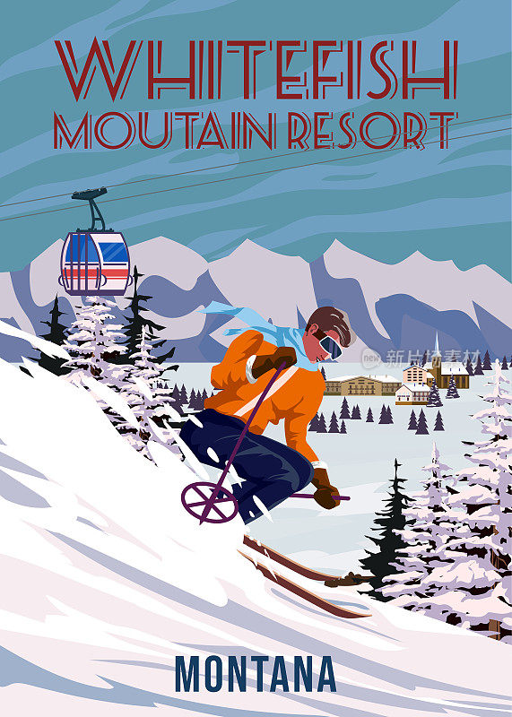 旅游海报滑雪白鱼度假村复古。美国冬季风景旅游卡