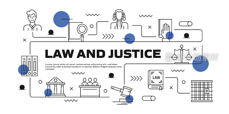 法律和正义矢量信息图。设计是可编辑的，颜色可以改变。矢量创意图标集:法庭，法律，法官，犯罪，证人，陪审团，调查