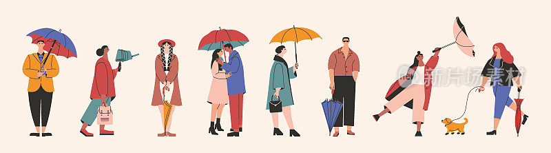 人们打着雨伞。卡通人物在雨天撑着阳伞，男人女人在倾盆大雨中行走。向量组